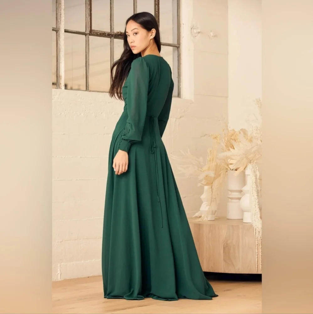Lulu's Emerald Green Long Sleeve Wrap Gown Bohemian Bridesmaid Dress. Size XL - Picture 3 of 12
